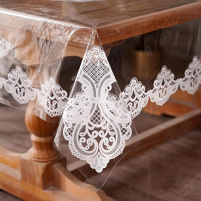 Clear Table Cover Protector Vinyl Table Cloth Rectangle Oil Spill Proof Vintage Rustic Plastic Table Covers for Dining Tables (White Lace, 60 x 120 Inches)