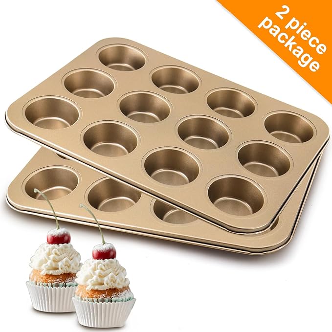2 Pack Premium Nonstick Bakeware 12-Cup, Mini Muffin Pan, Dishwasher Oven Safe(Golden, 12 Cup (2 pcs)