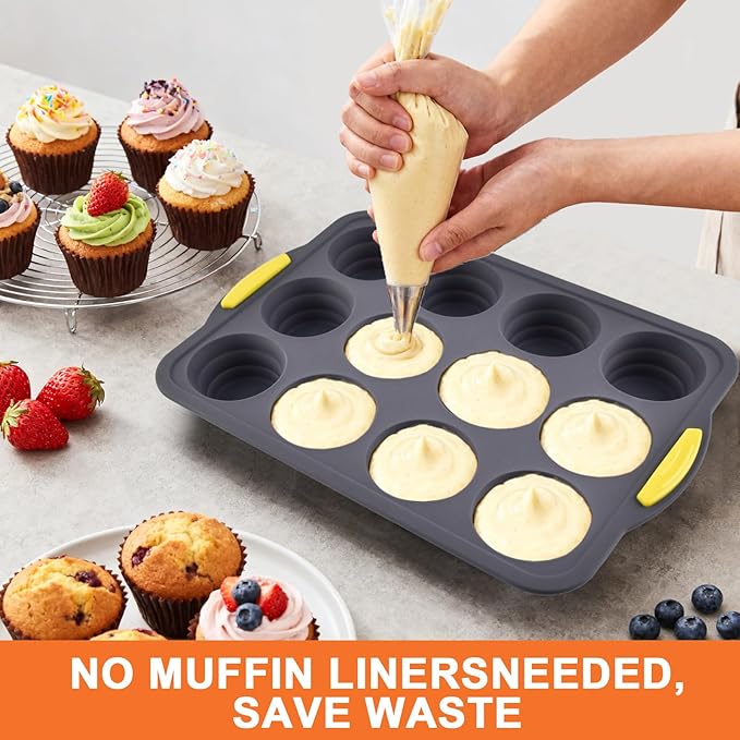 Silicone Muffin Pan for Baking with Metal Reinforced Frame，Foldable Cupcake Pan 12 Cups for Baking Homemade Muffins,Nonstick Cupcake Baking Pan Molds for Oven Dishwasher Safe With Brush and scraper
