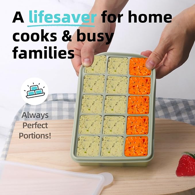 2 Tbsp Silicone Freezer Molds - Perfect for Storing Garlic, Herbs, Ginger, Pesto, Tomato Paste, Lemon Juice, Purees and More - Silicone Food Freezer Tray(Green 2 Pack)