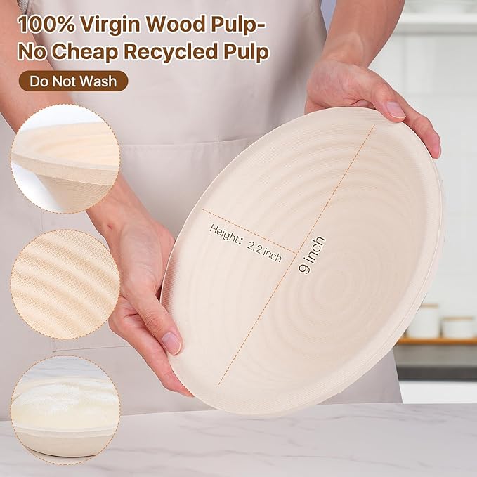 Non-Stick Oval Wood Pulp Banneton Bread Proofing Basket Set, Sourdough Banneton Basket Kit, Bread Making Tool Sourdough Starter Kit with Proofing Bowl, Cover, Dough Whisk, Lame, Scraper