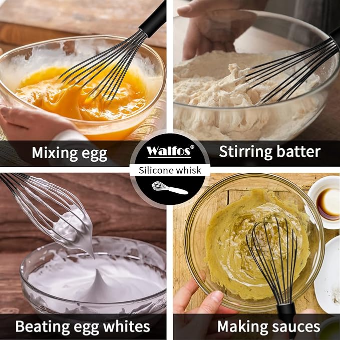 Walfos Whisk,Silicone Whisk Set of 4 Non-Scratch Silicone Coated Whisks for cooking.BPA Free and Dishwasher Safe 5+7+9+11in wisk Nice for Blending Beating Stirring and Mixing (Black）