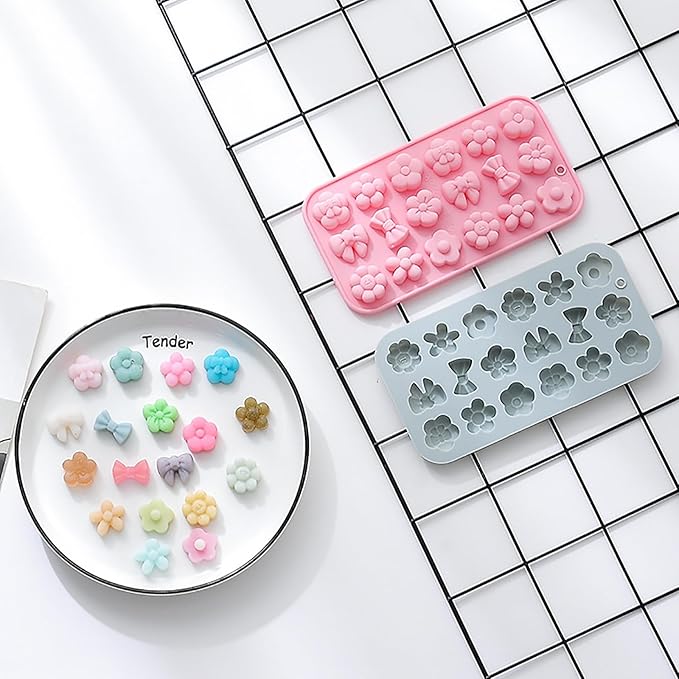 2 Pcs Flowers Silicone Chocolate Molds, 18-Cavity Different Flowers Bow Shape Molds Trays for Candy Chocolate Gummies Baking Jello Ice Cube Pudding Soap Cookie Desserts Making
