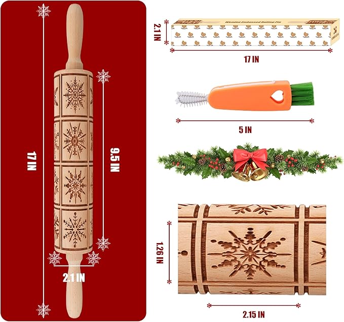 17" Premium Wooden Rolling Pins for Baking with Snowflake Embossed Designs | 3mm Deep Springerle Cookie Molds | Christmas Rolling Pin & Baking Gifts for Women | Includes 3-in-1 Cleaning Brush