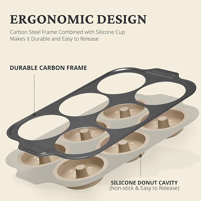 BRONYPRO Silicone Donut Pan for Baking with Metal Frame, 3.35 Inch Large doughnut pan,donut molds for baking Nonstick Non Toxic Bakeware for Oven, Brown