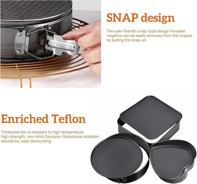 Springform Cake Pan Set of 3 (7, 8, 9 Inch) Heart Round Square Baking Pans Nonstick Cheesecake Pans with Removable Bottom Stainless Steel Bakeware for Cake, Mousse