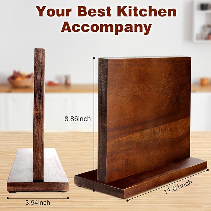 Magnetic Knife Block Double Sided Magnetic Knife Holder Rack with Strong Enhanced Magnets Acacia Wood Magnetic Knife Storage Stand (Acacia Wood)