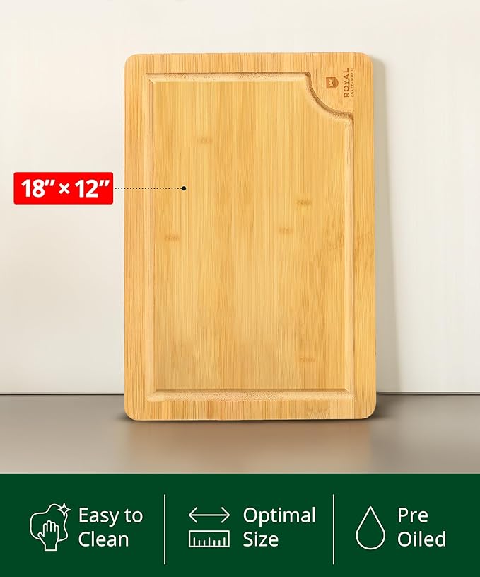 ROYAL CRAFT WOOD Wooden Cutting Boards for Kitchen Meal Prep & Serving - Bamboo Wood Serving Board with Deep Juice Groove Side Handles - Charcuterie & Chopping Butcher Block for Meat