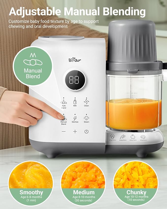 Bear Baby Food Maker with Two Layer Steam Baskets, One Step Baby Food Processor Steamer Puree Blender, Baby Food Mill with Bottle Warming Sterili-zing Auto Cleaning Function, BPA-Free, White