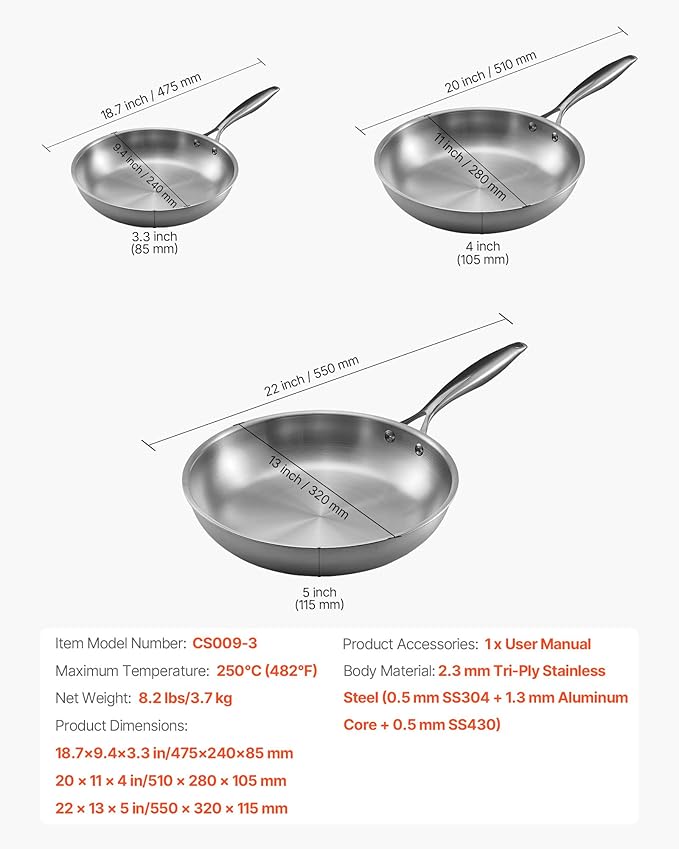 VEVOR Tri-Ply Stainless Steel Frying Pan, 3 Pcs Set (8, 10, 12 in), Cooking Skillet with Heat-Resistant Handle, Chef's Kitchen Cookware, Oven, Gas, Electric, Induction, Dishwasher Compatible, Silver