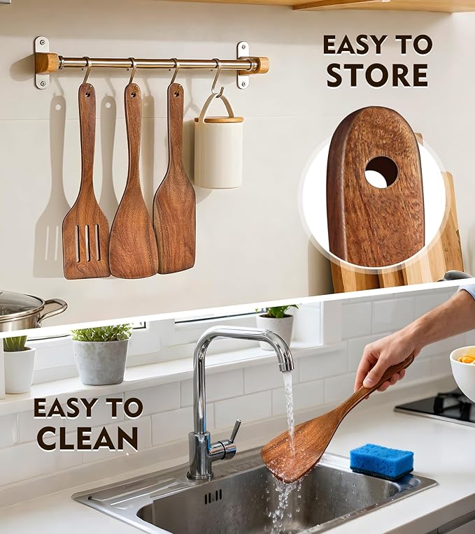 4Pcs Wooden Spatula for Cooking, Acacia Wooden Spatula for Kitchen Use, Nonstick Cookware Safe Utensils Set including Turner, Slotted Turner, Paddle and Scraper, Ideal Cooking Utensils Gift Set