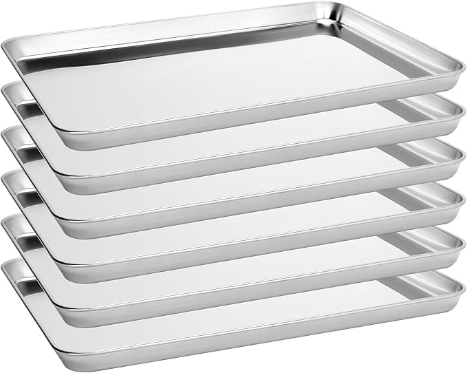 6 Pack Stainless Steel Baking Sheet Pans, 17.3" L × 12.2" W × 1" H Cookie Sheets for Toaster Oven, Rust-Resistant, Dishwasher Safe