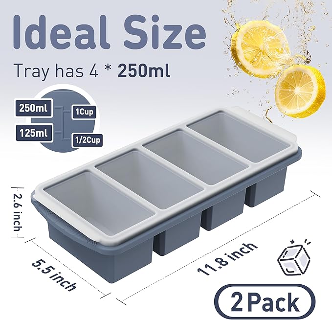 Silicone Freezer Tray with Lid Soup Freezer Container Molds with Steel Reinforced Rim Large Ice Cube Tray Makes 8 Perfect 1 Cup Portions Cubes Storage Food Ice Block Molds New Home Essentials