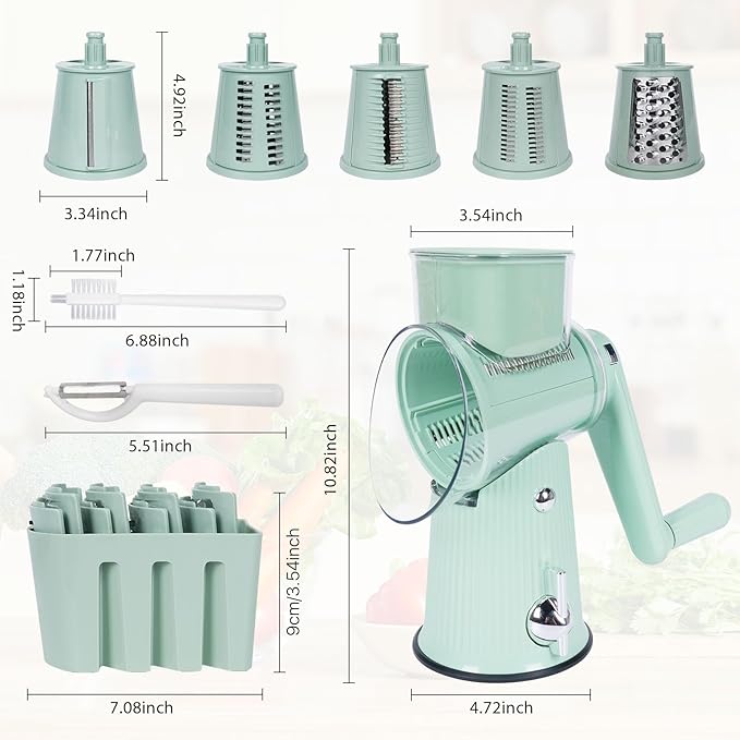 5 in 1 Rotary Cheese Grater Vegetable Slicer - Drum Mandoline Chopper for Kitchen, Easy to Clean with Storage Container