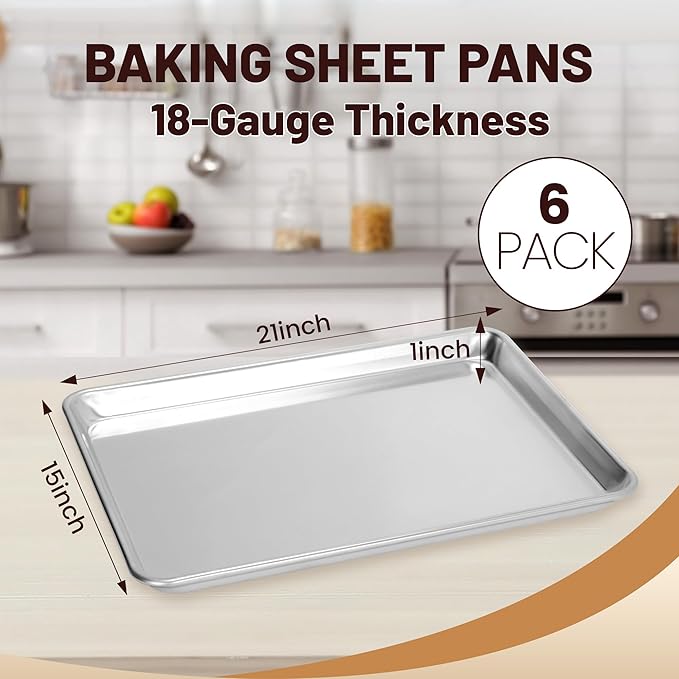 6 Pack 15" × 21" Baking Sheet Pan Aluminum Commercial cookie sheets for baking