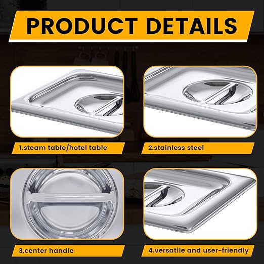 Hotel Pan Lids 6 Pack– Fits 1/6 Size Stainless Steel Steam Table Pans, Anti-Jam Food Pan Cover for Catering, Buffet Use, Kitchen Prep
