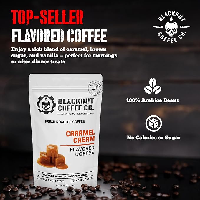 Blackout Coffee Caramel Cream Flavored Ground Coffee – Medium Roast, Smooth Taste, Guilt-Free Indulgence – Freshly Roasted 12oz Bag, American Made