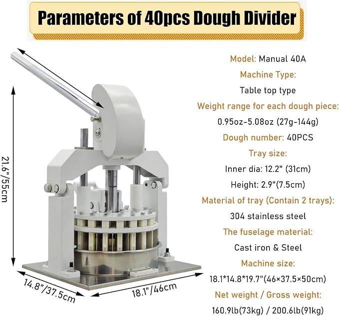 Manual Dough Divider Table Top Dough Dividing Machine 40PCS Dough Cutter Commercial Dough Dividing Machine Dough Baking Divider, 0.95oz-5.08oz, 40PCS