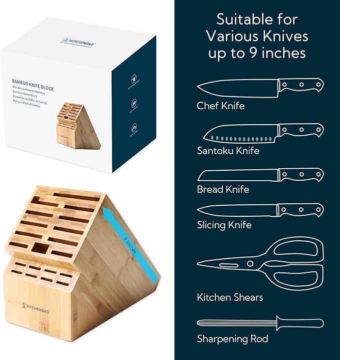 KITCHENDAO Deluxe 20 Slot Bamboo Knife Block Block without Knives, Countertop Butcher Block Kitchen Knife Stand, Hold Multiple Large Blade Knives, Wider Slots for Easier Storage