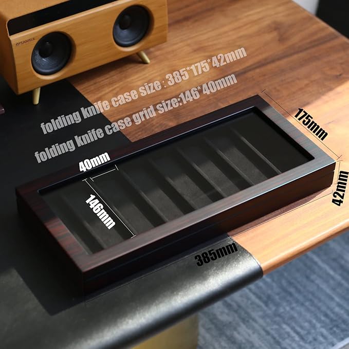 Knife Display Case Organizer storage 8 pocket knives, Folding Knife Holder with Real Glass Window Top， Pocket knife collection box for men gift (Ebony Veneer 8 slot)
