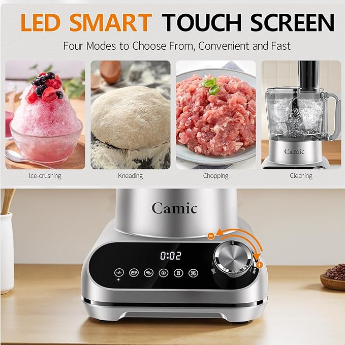 Camic Blender & Food Processor Combo,600W,6 Functions for Smoothies,Chopping,Slicing,Shredding,Grinding,Dough & More,72-oz.Blender Pitche,64-oz.Processor Bowl,13-oz.To-Go Cup,6-oz.Grinder Cup(Sliver)