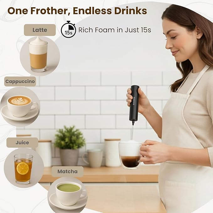 Rechargeable Milk Frother, Electric Coffee Foamer, Handheld Drink Mixer for Latte, Cappuccino, Coffee, Eggs, Hot Chocolate, Protein,Paint Black
