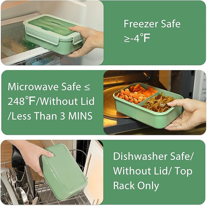 Caperci Classic Bento Box Adult Lunch Box for Older Kids - Leakpoof 47 oz 3-Compartment Lunch Containers for Adults and Teens, Built-in Utensil Set, Ideal for On-the-Go Balanced Eating, Green