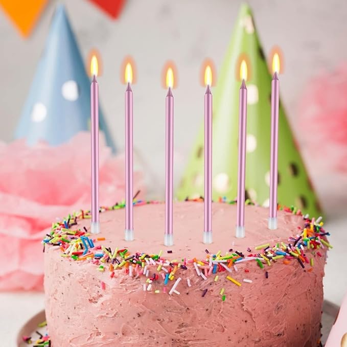 by Tugba Aydan - Pink Birthday Candles - 24 Count Long Thin Pink Birthday Candles for Cake, Metallic Cake Candle for Birthday, Party Candles