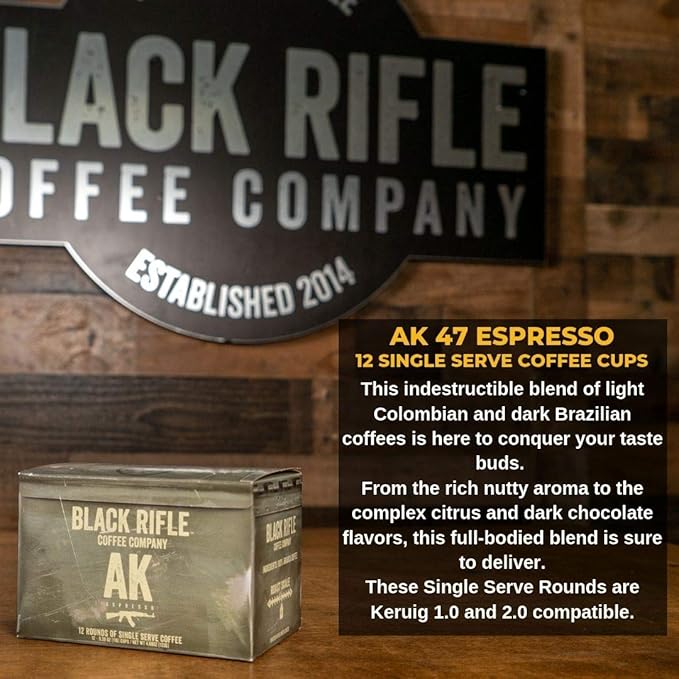 Black Rifle Coffee Company AK Espresso, 12 Count, Medium Roast K Cups - Single Serve K Cups Coffee Pods - Kcup Pods Compatible with Keurig 1.0 & 2.0 - Made from Arabica Beans
