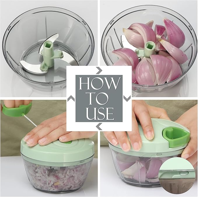 Ourokhome Manual Food Processor Vegetable Chopper, Portable Hand Pull String Garlic Mincer Onion Cutter for Veggies, Ginger, Fruits, Nuts, Herbs, etc., 500ml, Green