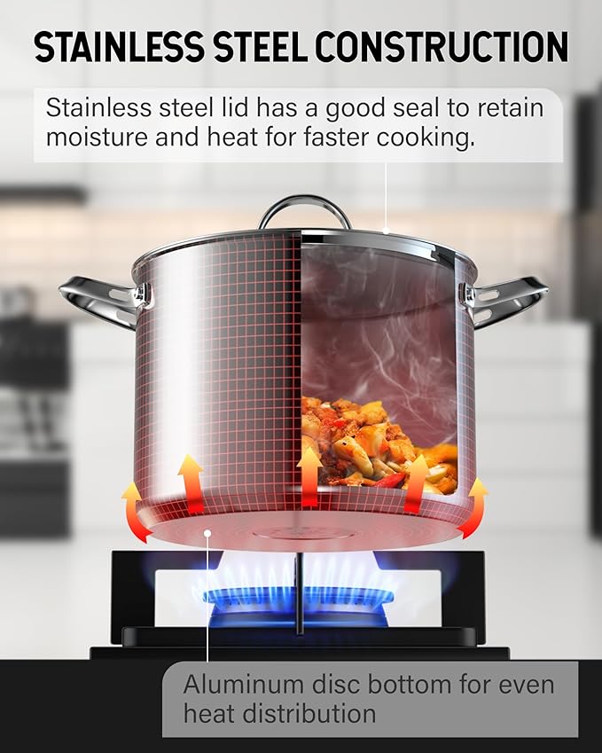 Cooks Standard 18/10 Stainless Steel Stockpot 8-Quart, Classic Deep Cooking Pot Canning Cookware with Stainless Steel Lid, Silver
