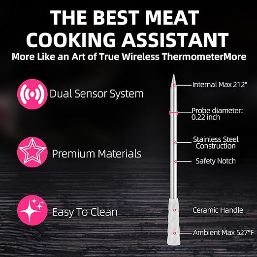 Wireless Smart Meat Thermometer with Bluetooth | Long Range | Measures Internal & Ambient Temp | for BBQ, Oven, Grill, Kitchen, Smoker, Rotisserie (White)