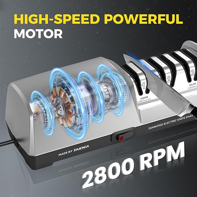 Electric Knife Sharpener, 3-Stage with 100% Diamond Abrasives and Precision Angle Guides, Kitchen Knife Sharpener with Sharpening and Polishing Function