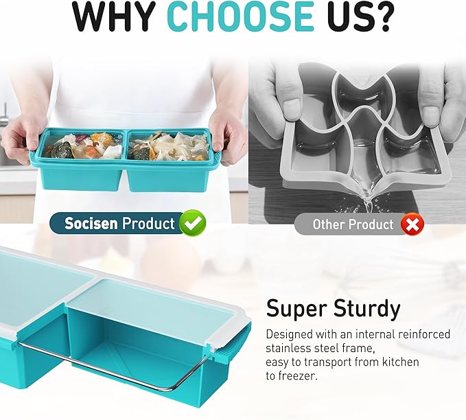 Silicone Freezer Tray with Lid Soup Freezer Container Molds with Steel Reinforced Rim Ice Cube Freezer Molds for Soup, Sauce, Leftovers, Homemade Meal Prep Containers Portion Control Food Storage
