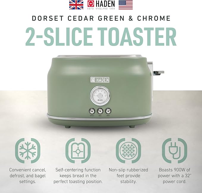 Haden Dorset 2 Slice Wide Slot Stainless Steel Toaster with Adjustable Browning Control & Non Slip Feet, Cedar Green & Chrome