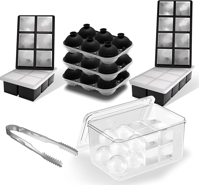 Large Ice Mold with Lid and Bin Mix Set (Total 46 Ice): 2 Pack New Upgraded 6 Grid Ice Cube Tray & 8 Grid Ice Cube Tray, 3 Pack 6 Sphere Ice Ball Mold-Black (With Ice Bin and Ice Tong)