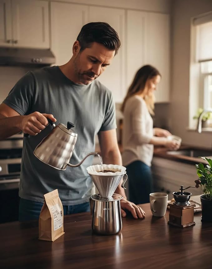 AGOGO Compact Portable Pour Over Coffee Maker Set - Easy Cleaning 304 Stainless Steel Dripper Set for Camping & 50 Filters Paper & Cleaning Rag (Silvery, 600ml)