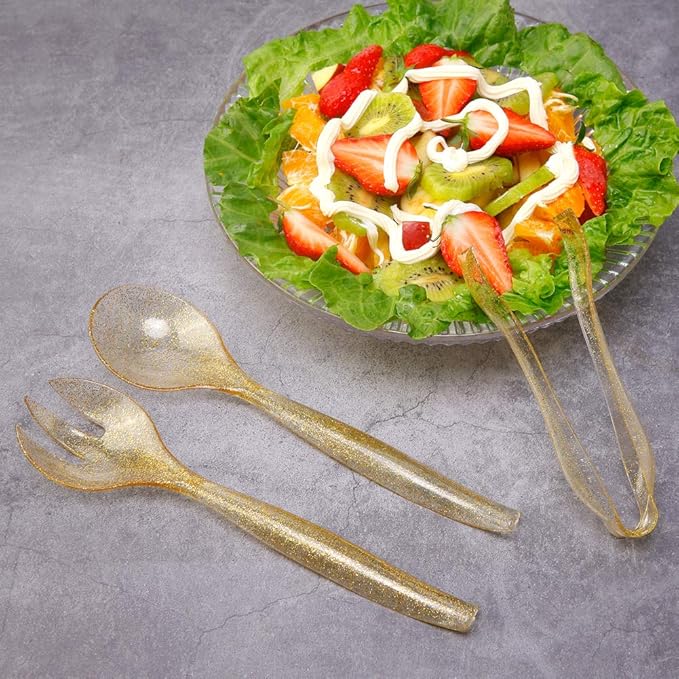 Supernal 72 pcs Plastic Serving Utensils, Gold Plastic Silverware, 24 Serving Spoons 10",24 Serving Forks 10",24 Tongs 6.3", Perfect for Birthday,Party,Wedding