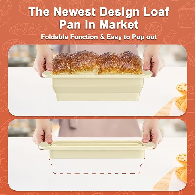 2 Packs of Pan Non-Stick Silicone Bread Loaf Pan with Heavy-Duty Steel Frame, Silicone Baking Mold – Perfect for Pound Cakes, Breads (9"x4"x2.5", Beige, 2 Pieces)