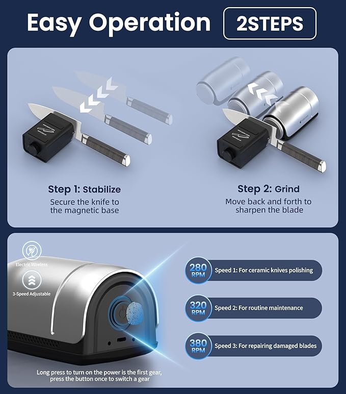 Upgraded Roller Knife Sharpener Kit | Electric Knife Sharpener with 5 Premium Discs & 10-25°Precision Djust | Automatic Cordless Sharpener for Kitchen Knife | for Polishing of All Straight-edged Tool