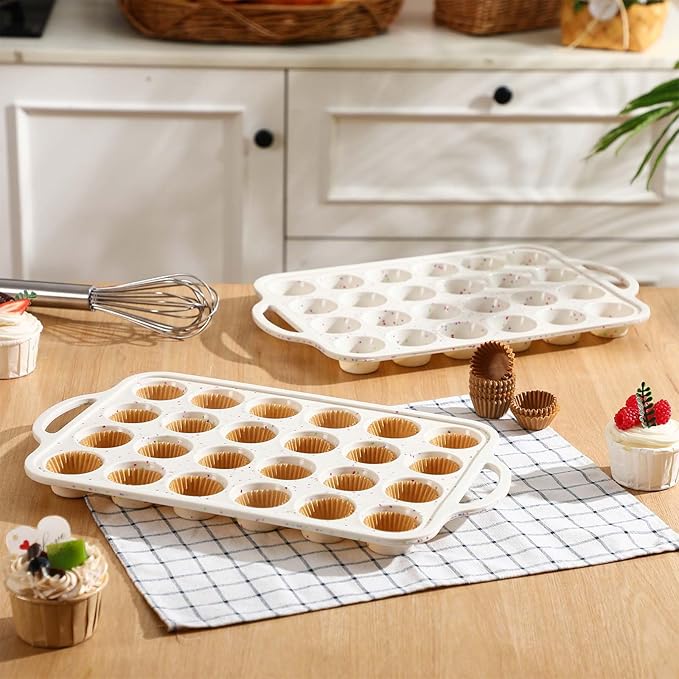 2 Silicone Muffin Pans for Baking with 200 Mini Cupcake Liners, Back to School 1st First Day of School Kitchen Dorm Room Bakeware Supplies, Muffin Tin(24-Cup Mini)