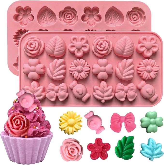 Silicone Molds Candy Flower Shape Chocolate Candy Molds, 18 Cavity Flower Silicone Molds Rose Chocolate Mold Ice Cube Tray for Jello Pudding Candle Soap Wax Melts DIY Crafts 2PCS, Pink