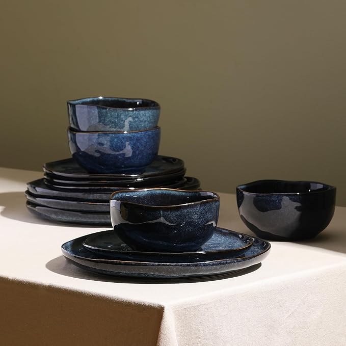Stone Lain Mirella 24-Piece Stoneware Dinnerware Set, Service for 8 – Reactive Glaze, Deep Blue – Includes Dinner Plates, Salad Plates, and Bowls – Modern Organic Design