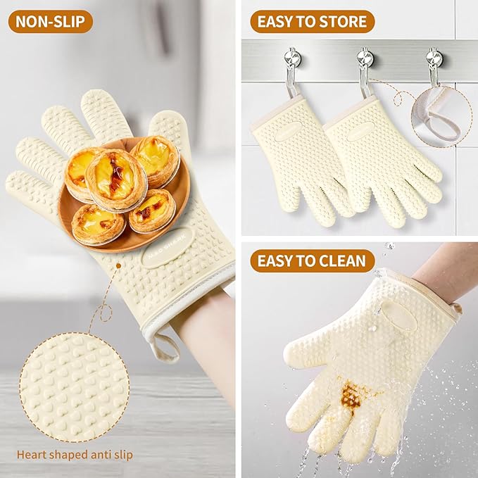 MAD SHARK Silicone Oven Mitts Heat Resistant 450 Degrees,Waterproof & Non-Slip Oven Gloves with Fingers,Cotton Lined Silicone Oven Gloves Kitchen Mitts for Baking Cooking Barbecue,Women,Oven (White)