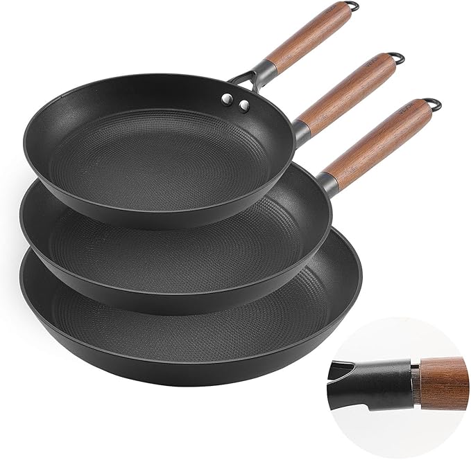 VEVOR Cast Iron Skillet, 3-Piece Frying Pan Set (8, 10, 12 in), Nonstick Skillets with Detachable Wood Handle, Pre-Seasoned Chef's Pan, Kitchen Cookware for Gas, Electrical, and Induction, Black