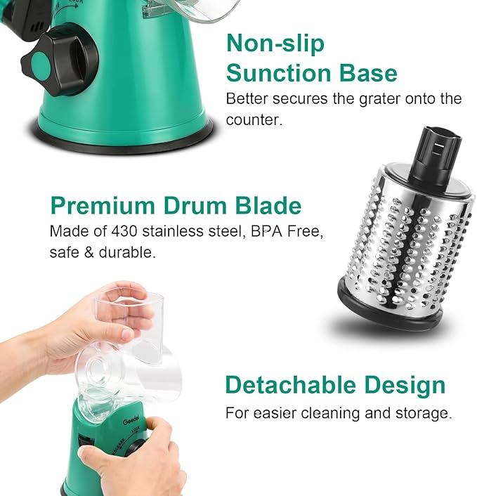 Geedel Rotary Cheese Grater with 3 Interchangeable Blades, Kitchen Mandoline Vegetable Slicer for Fruit, Nuts , Easy to Clean