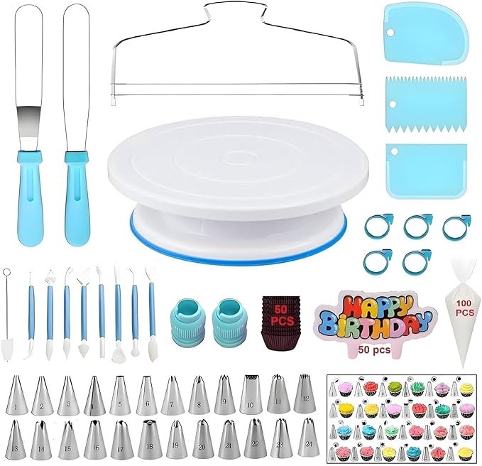 248 Pcs Cake Decorating Kit with Cake Turntable,Cake Leveler,24 Numbered Icing Piping Tips,2 Spatulas,3 Comb Scrapers,2 Couplers,5 Bag Ties,100 Pastry Bags,50 Cupcake Liners,50 Cake Flags