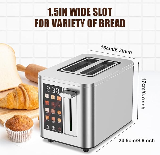 Touch Screen Toaster 2 Slice, Stainless Steel Toasters Digital Timer 2 Slot Toasters, 6 Shade Settings 6 Bread Types for Bagel,Defrost（304 Stainless Steel）