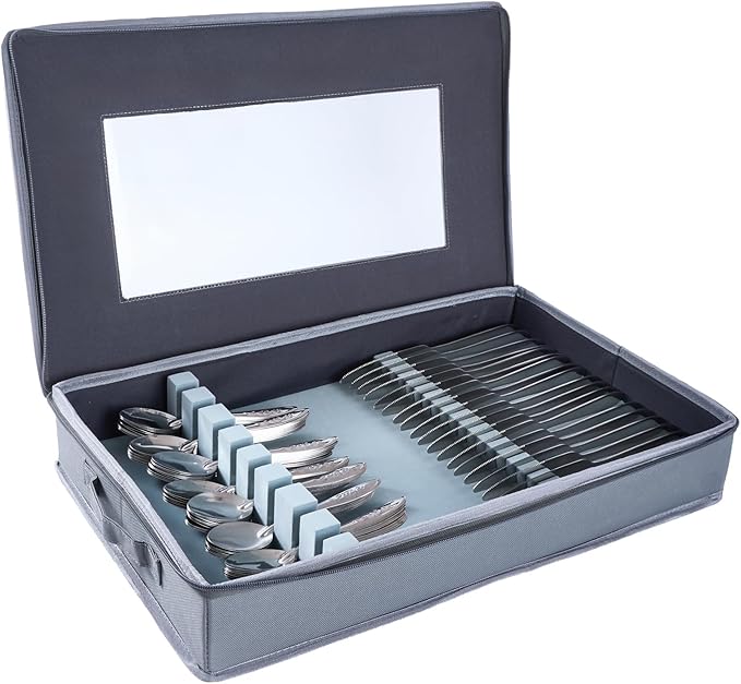 Zippered Silverware Storage Box, with Felt Lined and Clear Lid, Gray Fabric Chest Case for Storage and Organizing Utensils, Silverware, Flatware, Cutlery, Large Containers(No Cutlery Included)