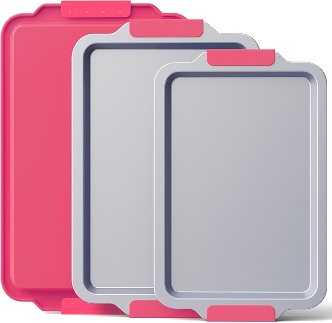 BRONYPRO Non Stick Ceramic Baking Sheet Pan Set of 3, Natural Non Toxic Cookie Sheets for Baking - PFOA, PTFE Free, Aluminized Steel Oven Trays for Cooking with Silicone Handles, Rose Red